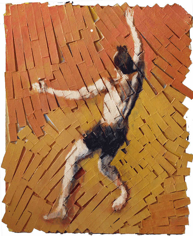 Painting of a Male Circus Artist trying to hold on as he Falls in a Broken Red World
